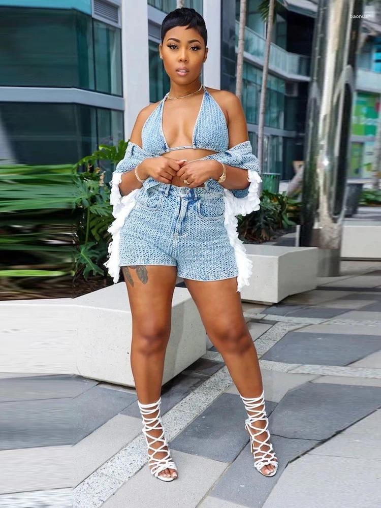 Womens Tracksuits Set 3 Pieces Woman Summer Halter Vest Ladies Blouse And Shorts Sexy Denim Jean Outfit Sets Women Wholesale Drop