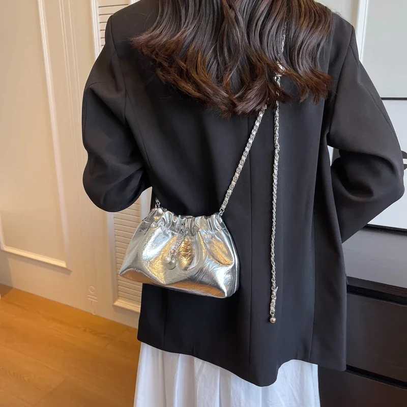 LEFTSIDE Womens Small Silver Cross Bag Korean Fashion Designer Womens Bucket Bag Womens Chain Drawstring Handbag M241014