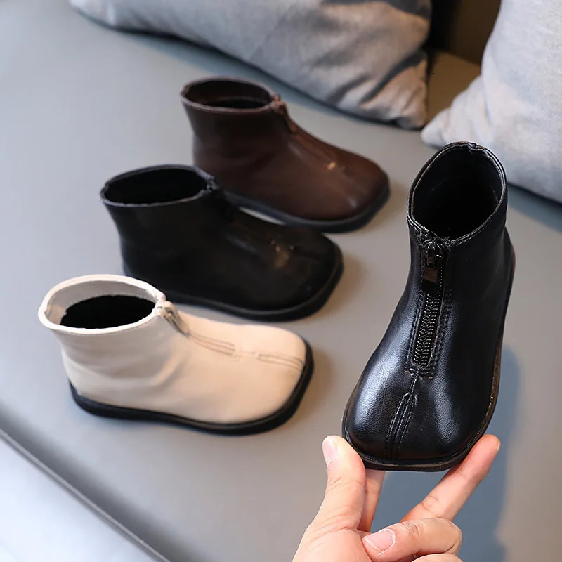 Leather Little Girls Boots Autumn Winter Childrens Shoes Square Toe Zip Fashion Kids Toddler Boots 241014