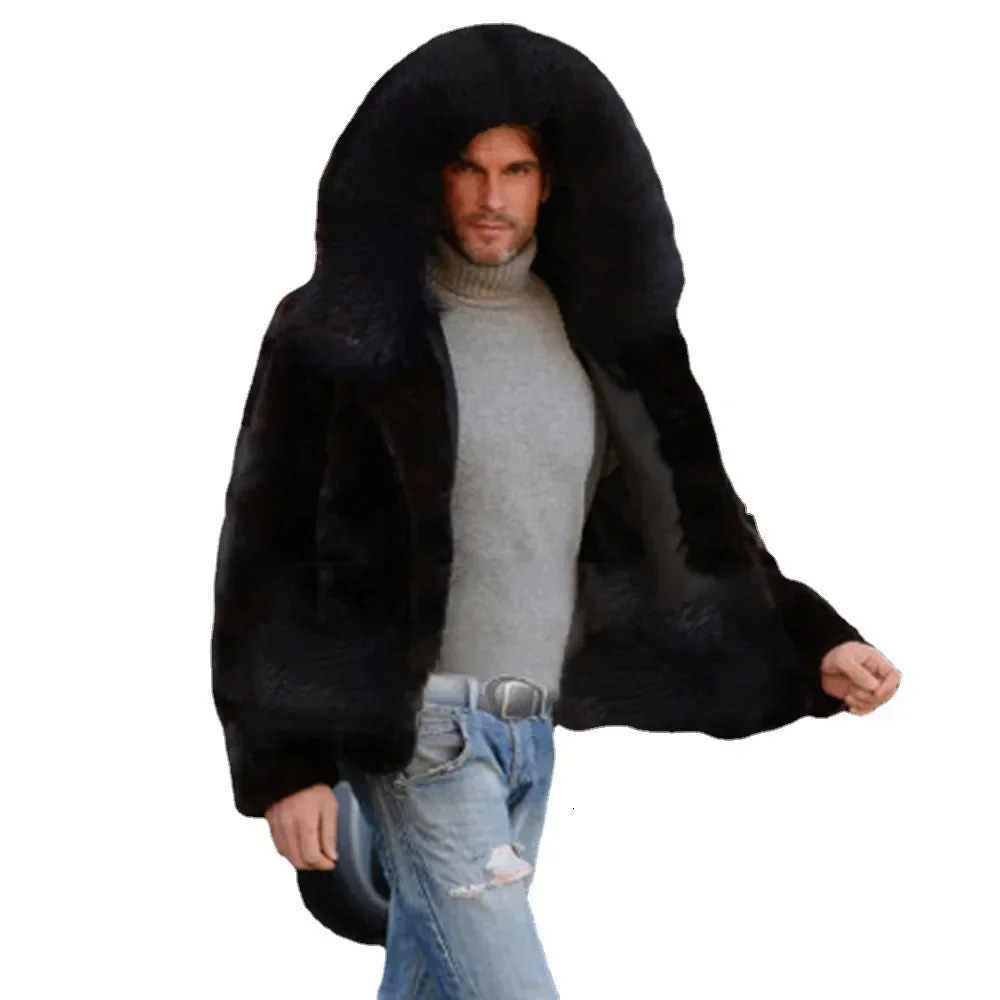 Mens Faux Fox Fur Coat Autumn Winter Men Fashion Long Sleeve Warm Hooded Faux Fur Black Casual Men Jackets Cardigan Coat 241011