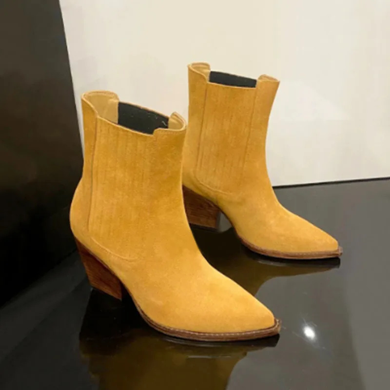 Arden Furtado 2024 Autumn Suede Tapered heel Short boots Pointed toe Patchwork Slip-on High heel Simple style Modern boots 241010