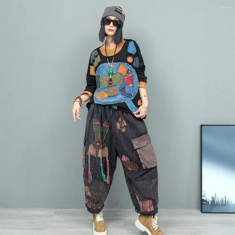 Womens Two Piece Pants LYUZHE 2024 Autumn Patch Designs Women Matching Sets O-neck Long Sleeve T-shirt And Casual Old Cloth Suit ZXY429BF1