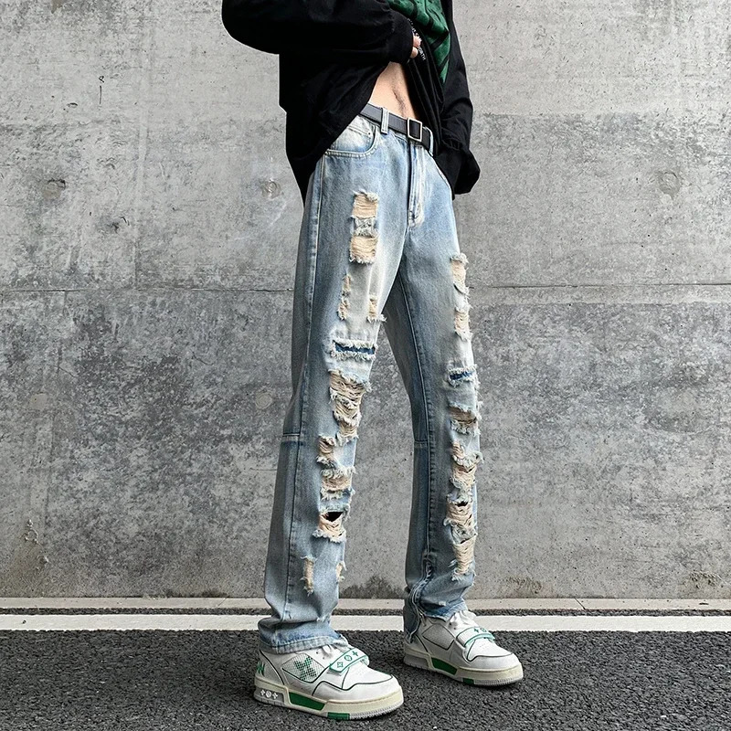 Men Summer Big Ripped Tassel Fashion Jeans Male Breathable Streetwear Baggy Hip Hop Distressed Denim Pants Y2k Goth Trouser 241011