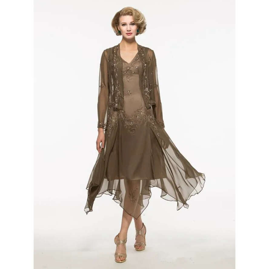 New Off Dresses Modern Chiffon Embroidery Beads Crystal Long Sleeves Knee Length With Jacket Mother Of The Bride Dress