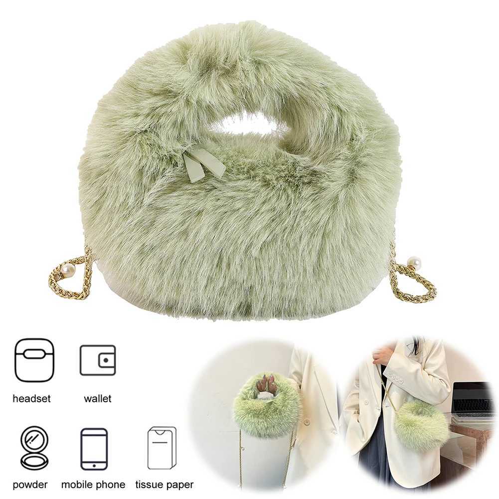 Faux Fox Fur Shoulder Bag with Chain for Ladies Crossbody Pearl Clutch Purse Hobo Work Travel 241014