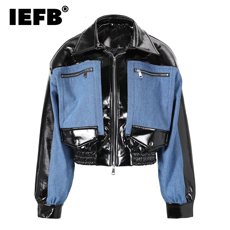 IEFB Denim Patchwork Leather Jackets Trend Mens Fashion Silhouette Short Windbreake Korean Style Casual Pu Coat CPG0512 241011