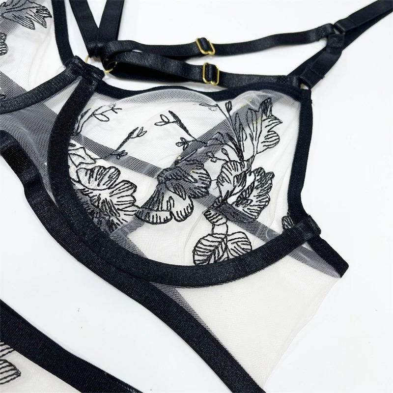 Ellolace Erotic Lingerie Set Woman 3 Pieces Sensual Embroidery Transparent Brief Sets Fancy Garters Lace Sexy Outfits 241014