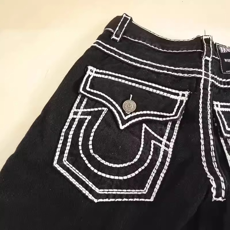 e-commerce European and American rock style jeans men's white thick thread faith plus size loose straight leg pants black designer