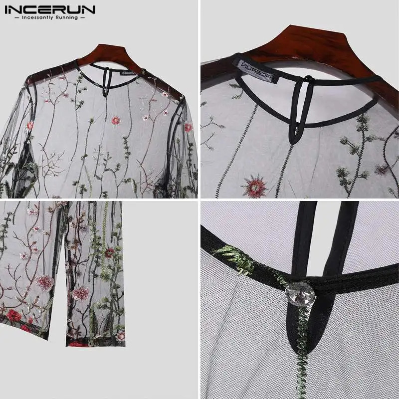 INCERUN Tops 2024 American Style Fashion Men Perspective Mesh Print Pattern T-shirt Sexy Thin O-neck Long Sleeved Camiseta S-5XL 241011