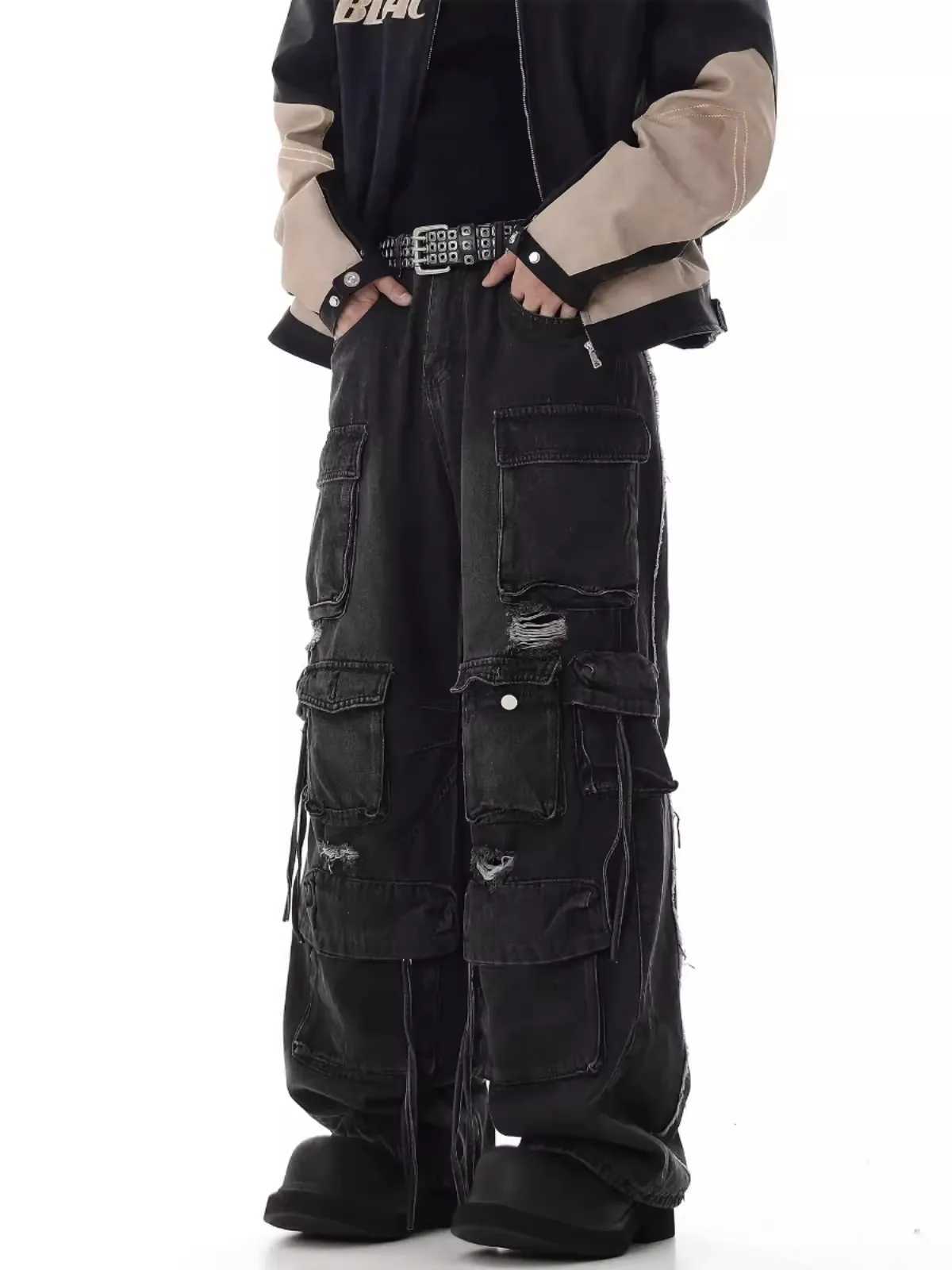 Multi Pocket Cargo Jeans Hip Hop Streetwear Pants for Men Distressed Ripped Baggy Jeans Dropshipping X250220