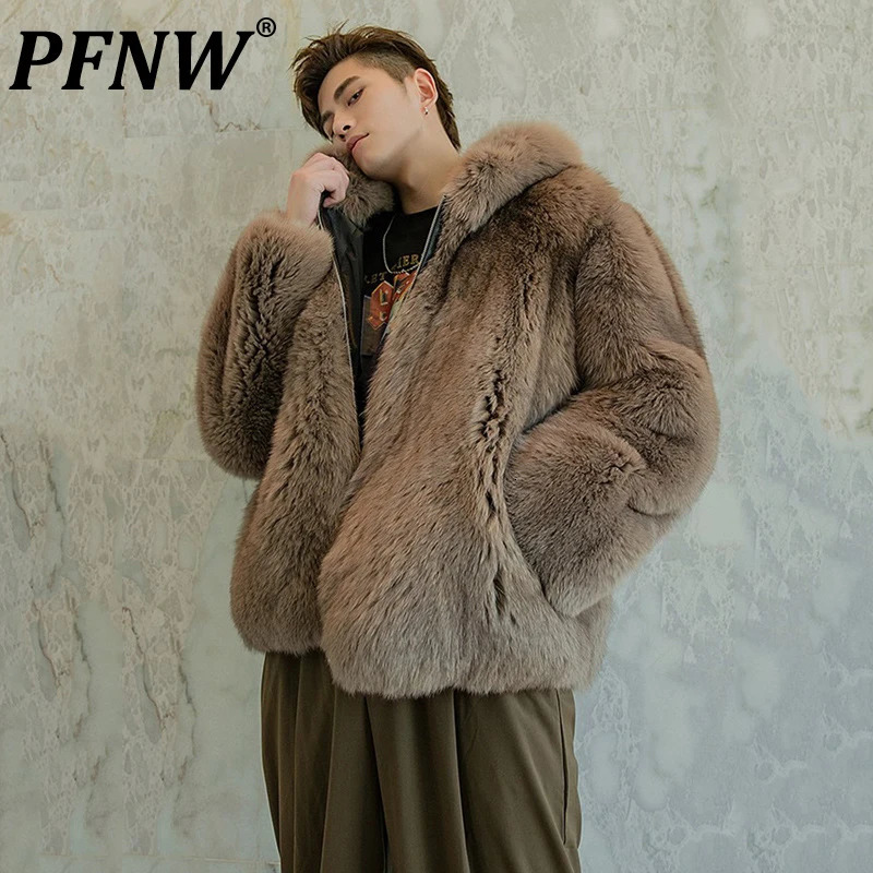 PFNW Autumn Winter Fashion Hooded Short Fur Coats For Men Fox Fur Warm Soft Fuax Fur Loose Fit Jacket 12C1159 241011