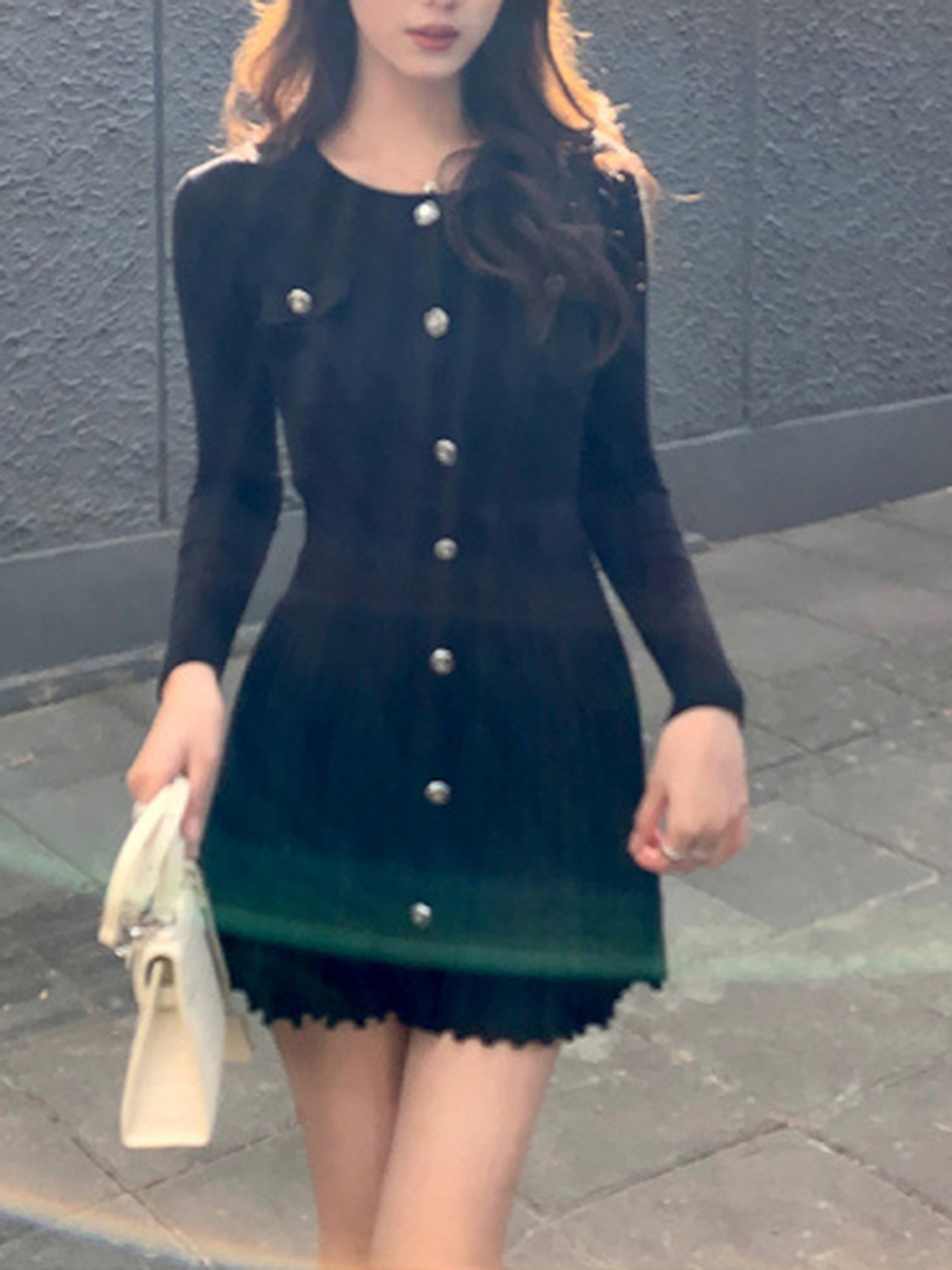 2024 New Pink O-Neck Knit Autumn Metal Button Long Sleeve Fashion Short Dress A-E Pleat Elegant Chic Women Dresses