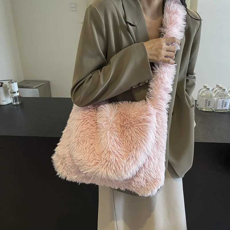 Ladies Plush Crossbody Bag Fluffy Winter Handbag Solid Color Messenger Tote Purse Work Shopping 241014