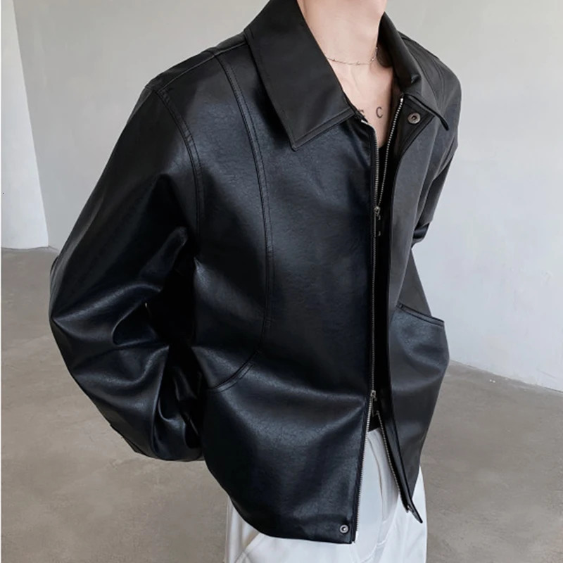 IEFB Mens PU Leather Short Zipper Jacket 2024 Autumn Winter Fashion Trend Cleanfit Curved Knife Male Jackets 9C7351 241011