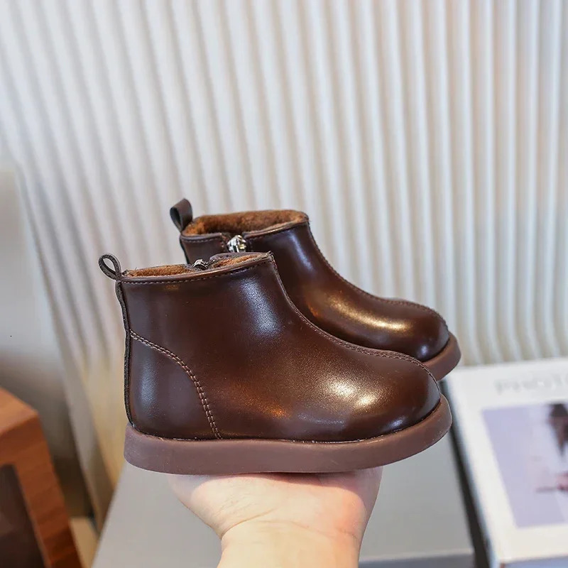 Girl Child Boots Winter Toddlers Black School Cotton Boots Fashion Round-toe Kids Causal Snow Boots Outdoor Versatile Zipper 241014