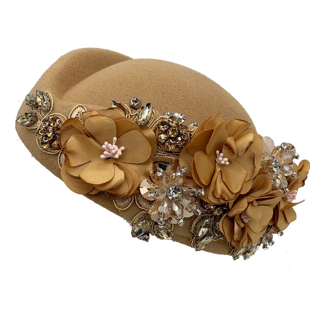 Vintage Felt Turban Hat For Women Church Derby Fascinator With Flower Ladies Soft Beret Caps For party Airline Stewardess Hat 241009