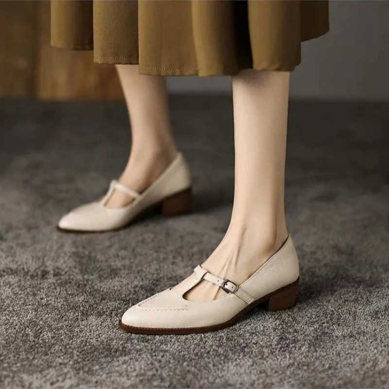 Women Leather High heeled Sandals Summer New Fashion Pointed Toe Thick Heel Women Elegant Shallow Ladies Office LoafersLX241014