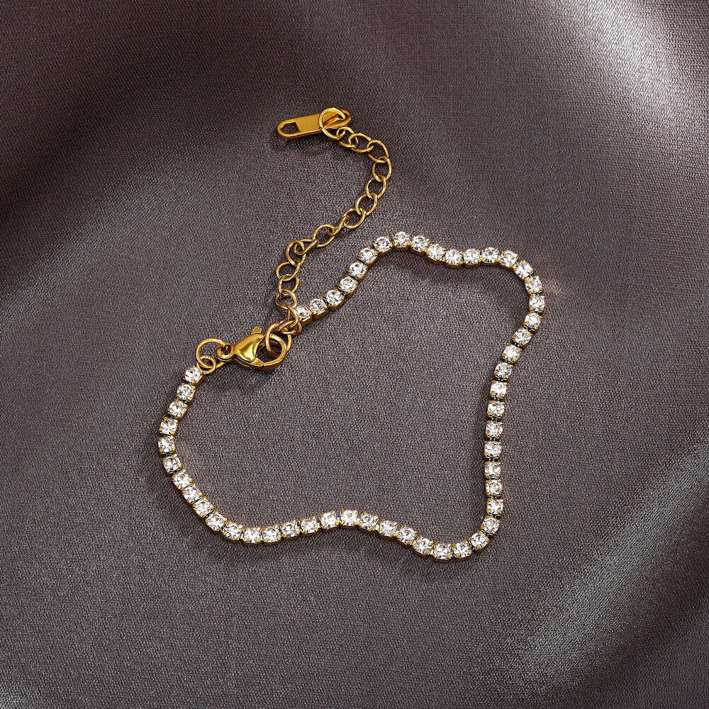 2MM Stainless Steel Prong Tennis Chain Bracelet 7 Inches 18k Gold Plated Hip Hop Sparkly Women Chains Bracelets Wrist Jewelry For Women Bijoux Gifts