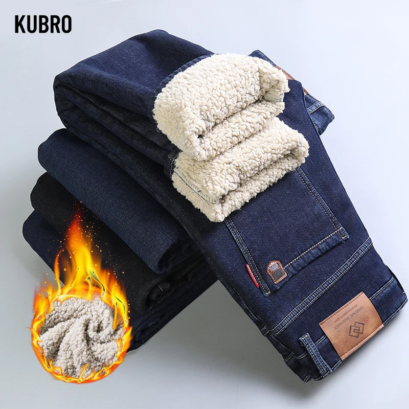 KUBRO Autumn Winter Warm Fleece Jeans Men Straight Stretch Thick Casual Thermal Denim Pants Male Business Office Trousers 241011