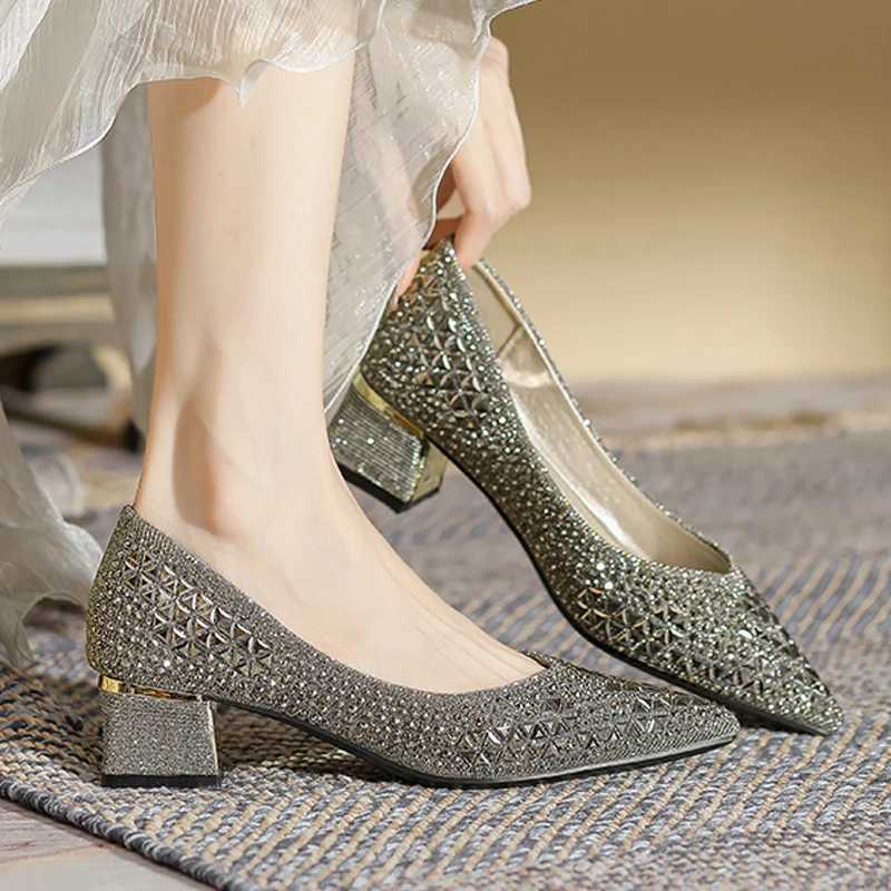 5cm Chunky High Heels Shoes Ladies Glitter Studded Pumps Women Crystal Pointed Toe Tacones Mujer Office Dress Escarpins FemmeLX241014