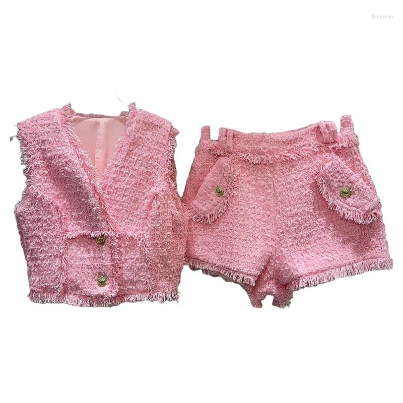 Women's Tracksuits PREPOMP 2024 Summer Collection Sleeveless Metal Buttons V Neck Tweed Vest Tank Top Shorts Two Piece Set Outfits Gr679