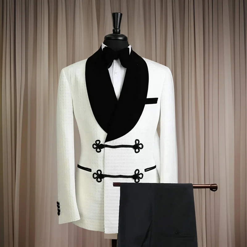 Double Breasted Men's Suits with Mandarin Buttons 2 Pcs Groom Tuxedo Terno Custom Made Velvet Suit (Jacket + Pants) 2024