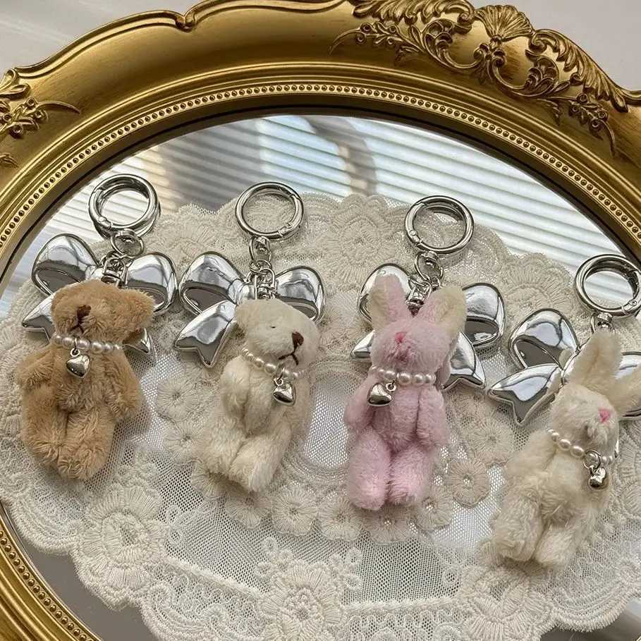 Cute Jewel Bear Keychain Plush Rabbit Bow Keyring Charm Pack Phone Pendant Womens Gift Fashion Accessories Y241014
