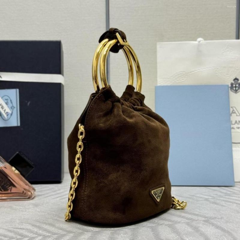 Drawstring 2024 Autumn And Winter Metallic Ring Frosted Lambskin Cyber Celebratory Bucket Bag fe5f