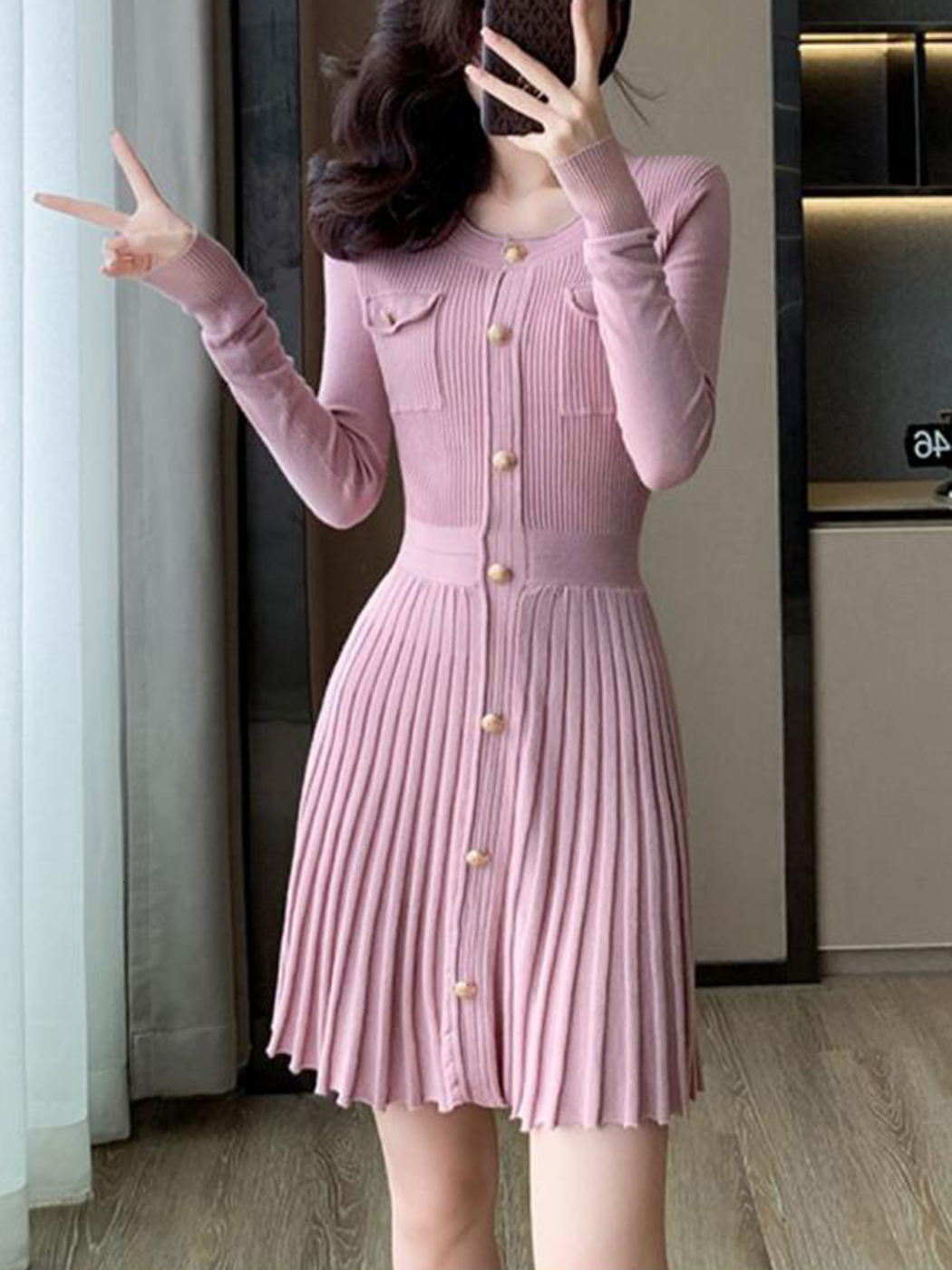 2024 New Pink O-Neck Knit Autumn Metal Button Long Sleeve Fashion Short Dress A-E Pleat Elegant Chic Women Dresses