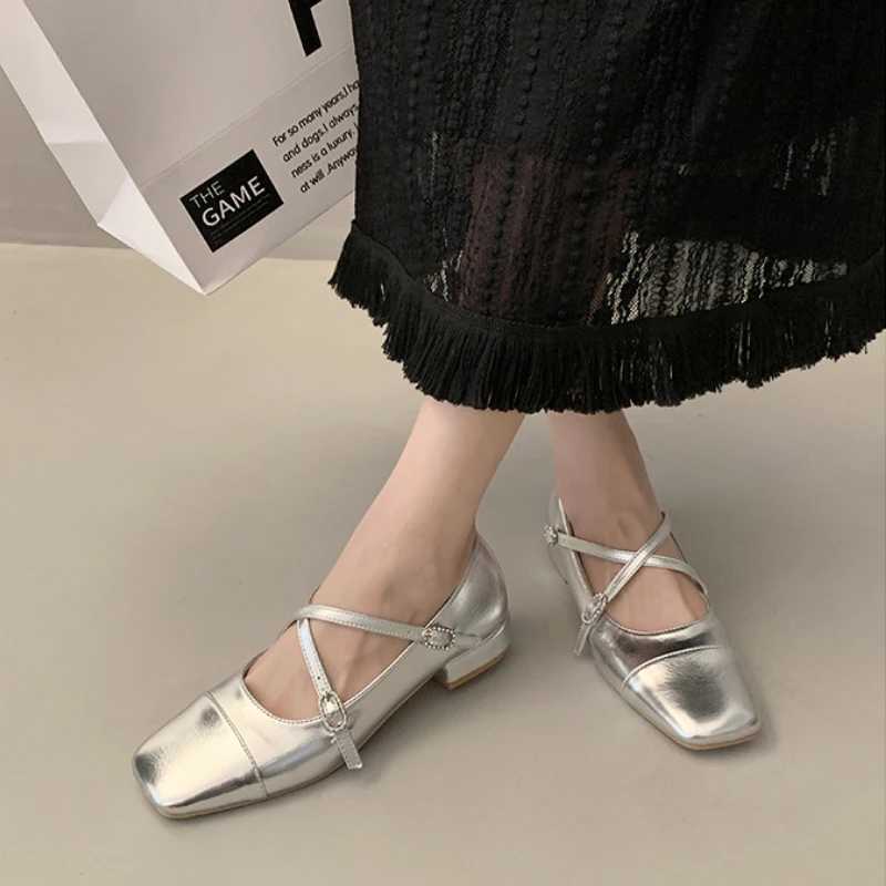 Medium Heeled Mary Jane Single Shoes 2024 New Women Shoes Thick Heeled Ballet Shoes Cross Buckle Shallow Soft Sole ShoesLX241014