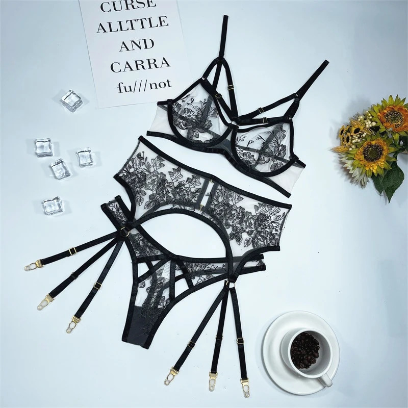 Ellolace Erotic Lingerie Set Woman 3 Pieces Sensual Embroidery Transparent Brief Sets Fancy Garters Lace Sexy Outfits 241014