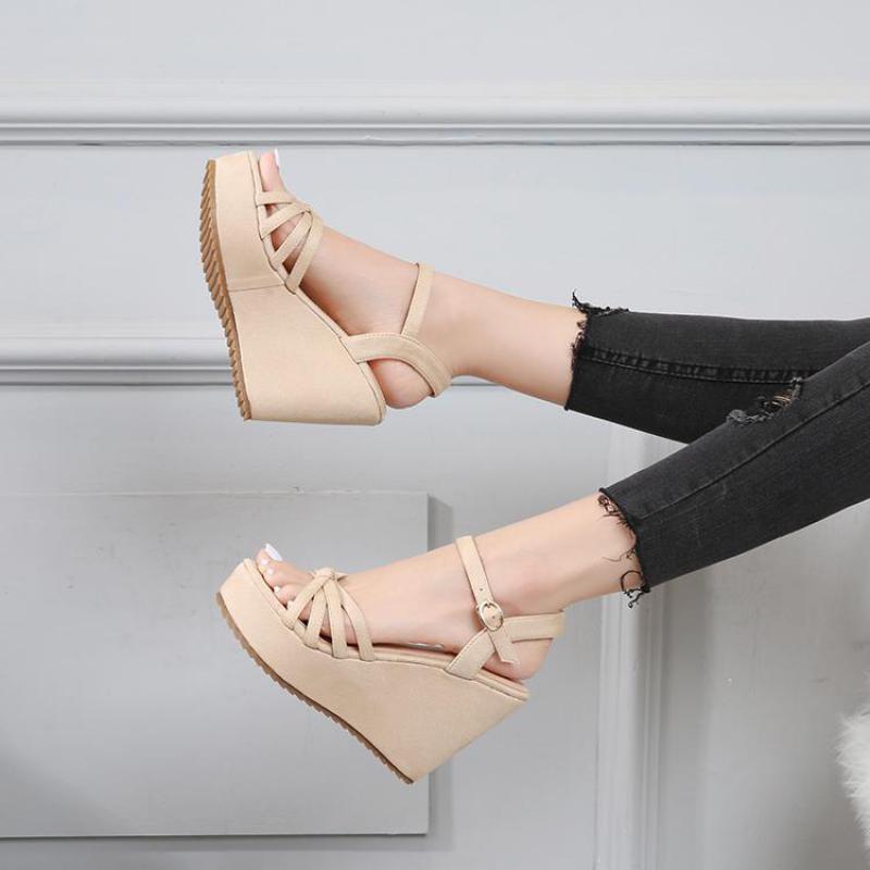 Black Wedges Heel Sandals Women Summer New 10cm High Heels Plus Size Shoes
