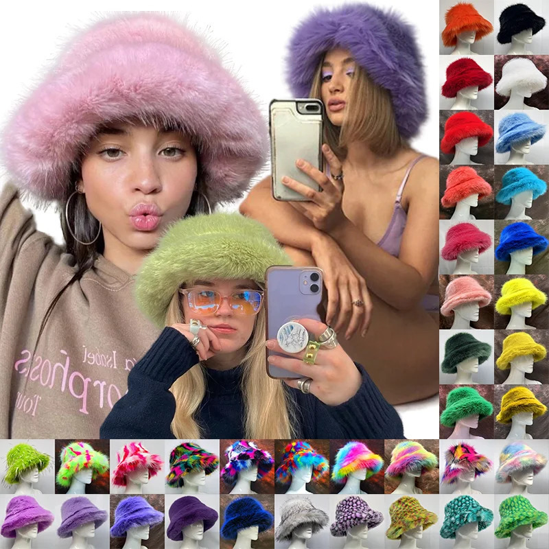 58-60cm Xl fashionable faux fur bucket hat for women in winter warm and large faux fur fluffy plush fisherman hat for outdoor skiing in Panama 241014