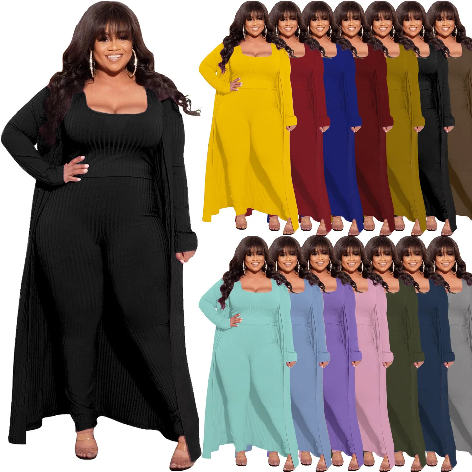 HAOOHU Plus size set long sleeved jacket pants sleeveless spring high elasticity sink pattern value knit 3 sweaters 240930