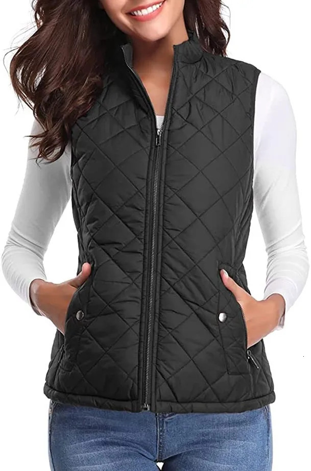 Women Sleeveless Zip Up Vest Mandarin Collar Puffer Jacket Fall Lightweight Black Pink Khaki Red Coffee Coats with Pockets 241008