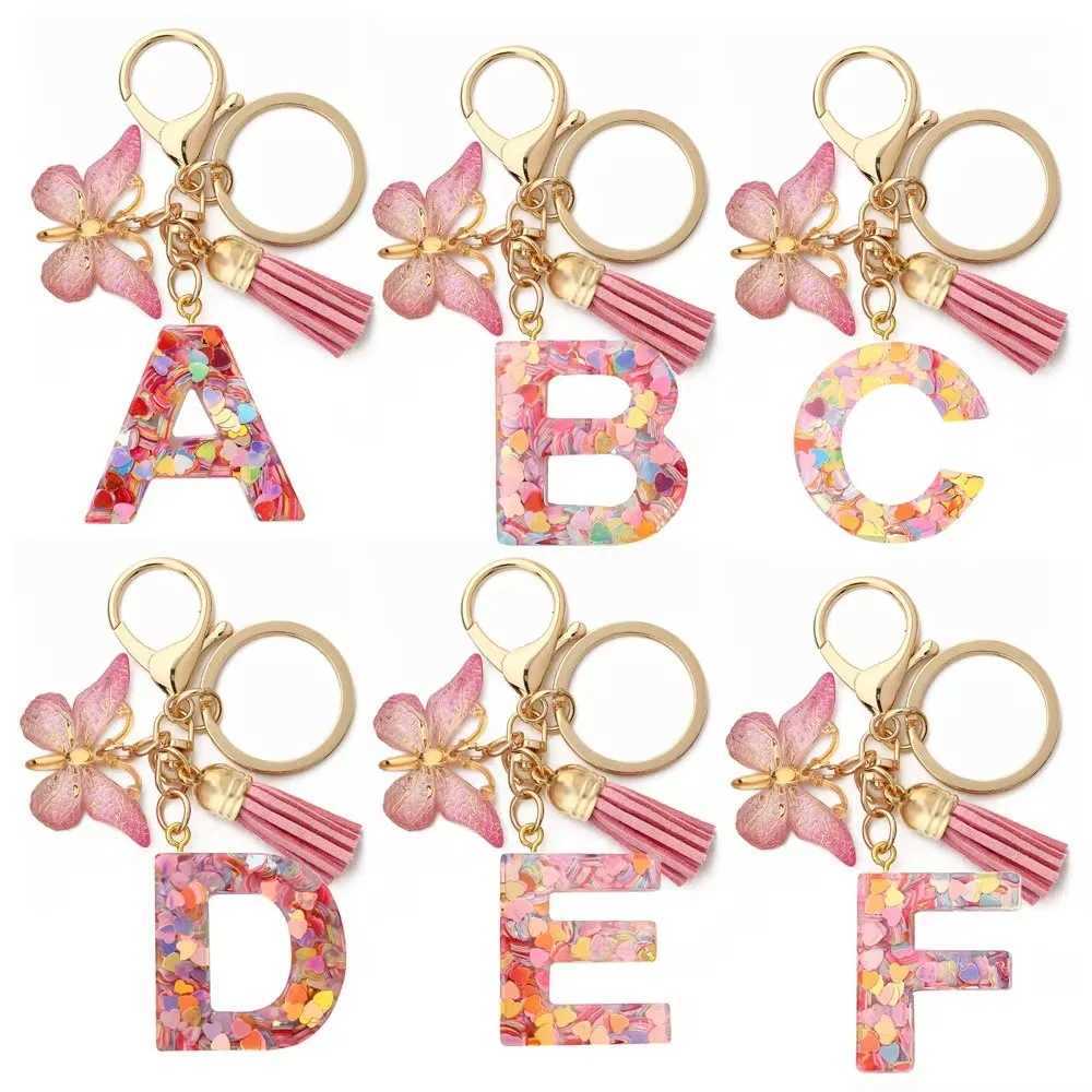 A-Z Dreamy Glitter Letter Keychain Womens Tassel Butterfly Pendant Initial Keychain Wallet Hanging Bag Charm Car Keychain Y241014