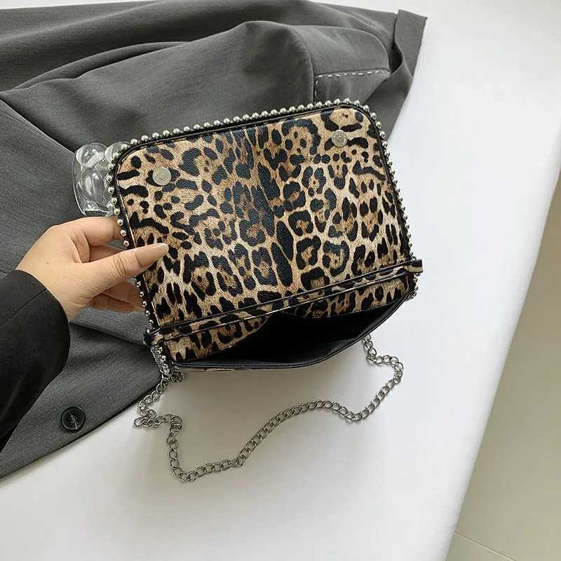 Fashion Chain Womens Cross Body Bag Designer Beaded Handbag Leopard PU Leather Womens Shoulder Bag Brand Small Flip Wallet M241014