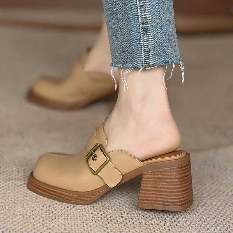 Baotou Half Slippers Womens New Commuter Thick Heels Thick Sole Outer Wear Muller Shoes Belt Buckle High Heels Women ShoesLX241014