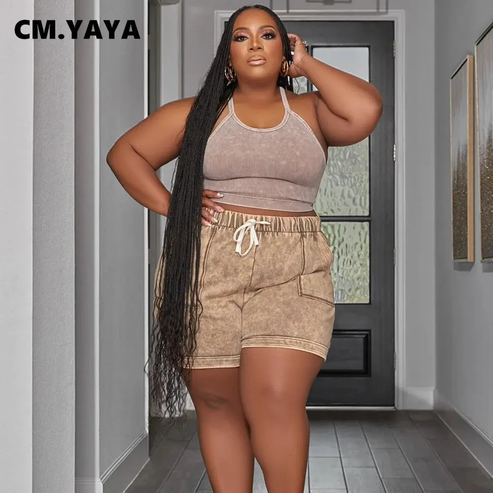 CM. YAYA Plus Size Womens Set Knitted Ribbed Tank Top and Pocket Side Shorts Set Summer INS Two Piece Set 240930