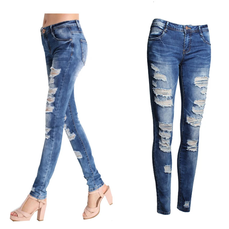 Women Jeans Blue Slim Ripped for Skinny Distressed Washed Stretch Denim Mom High Waist Pants Femme Bleached 241007