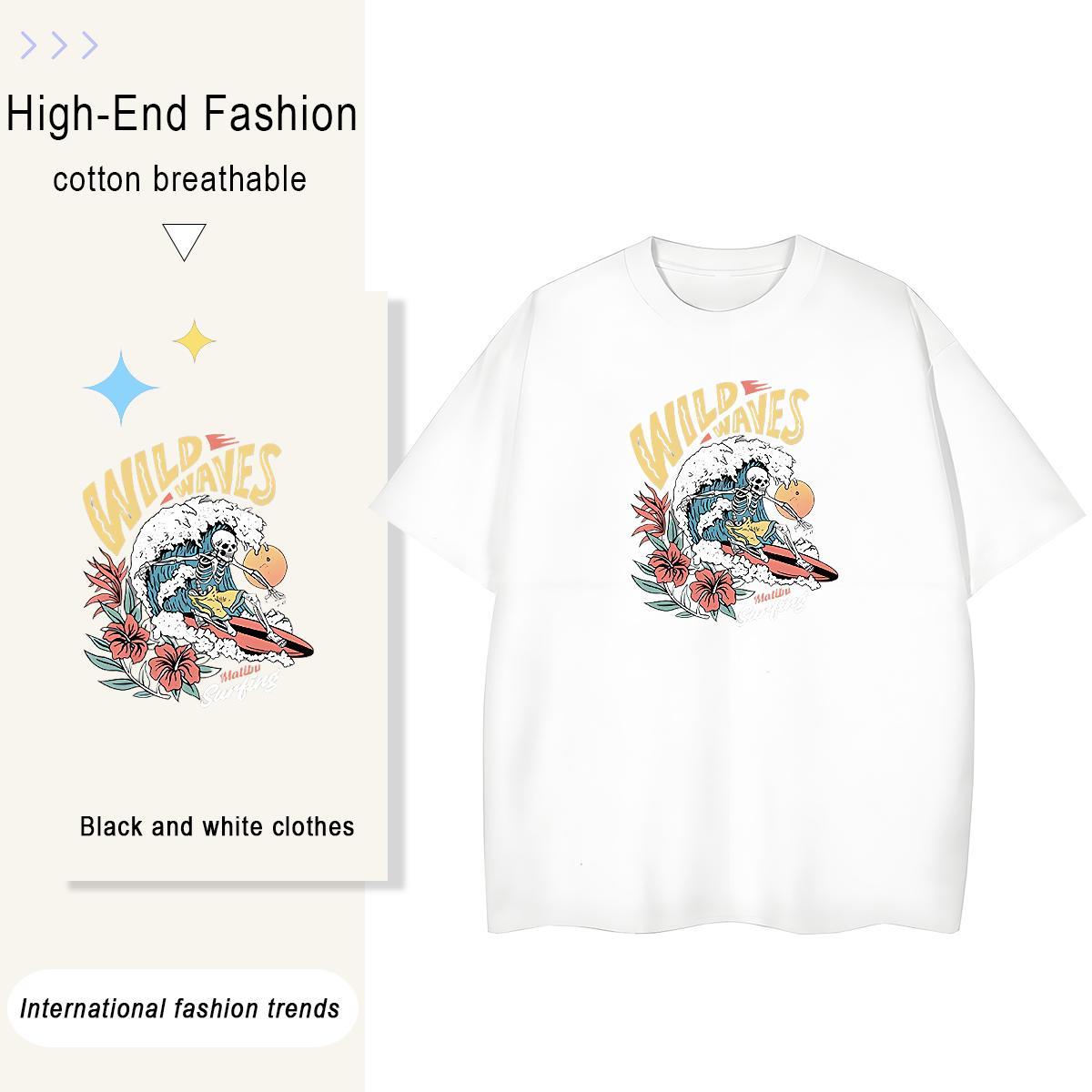 TOP Quality T shirt 230g Pure Cotton O Neck Short Sleeves Street skull Woman Tshirt Loose Floral Print Clothes