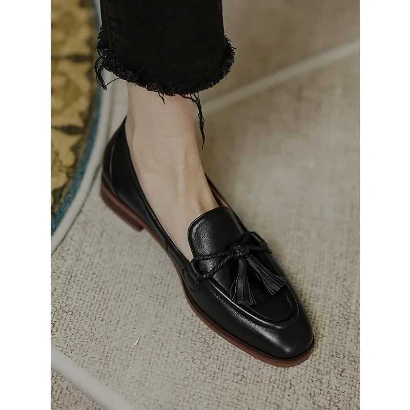 British Style Square Head Womens Loafers Shoes 2024 Summer New Style Tassel Comfortable Single Shoes Women Brown ShoesLX241014