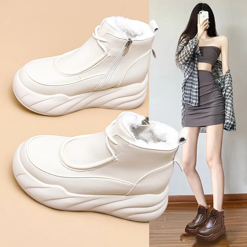 Designer Boot Hairy Snow Boots Female Fur One Winter 2024 Plus Cashmere Large Cotton Warm Inside Height-Raising Daddy Shoes H240826