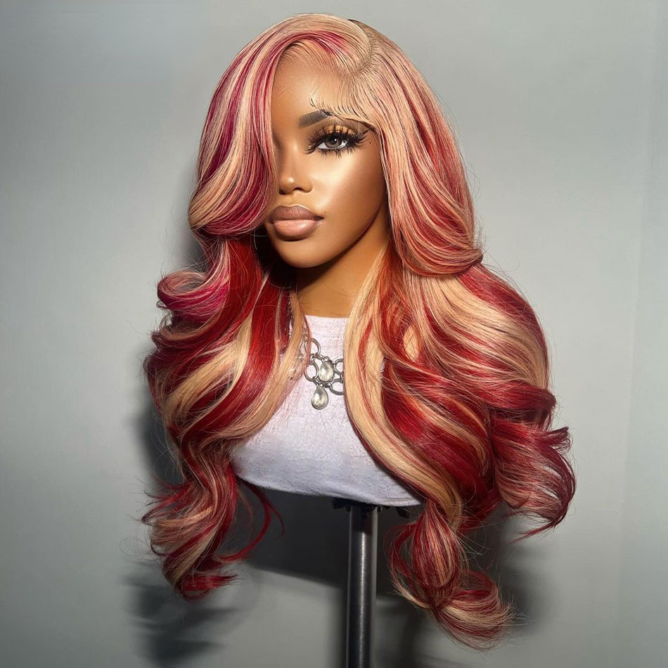 Free shipping Ready Go 13X4 Blonde Highlight Colored Body Wave Human Hair Wigs Red Pre Plucked ella Festival Brazilian Transparent Lace Frontal Wig Pr