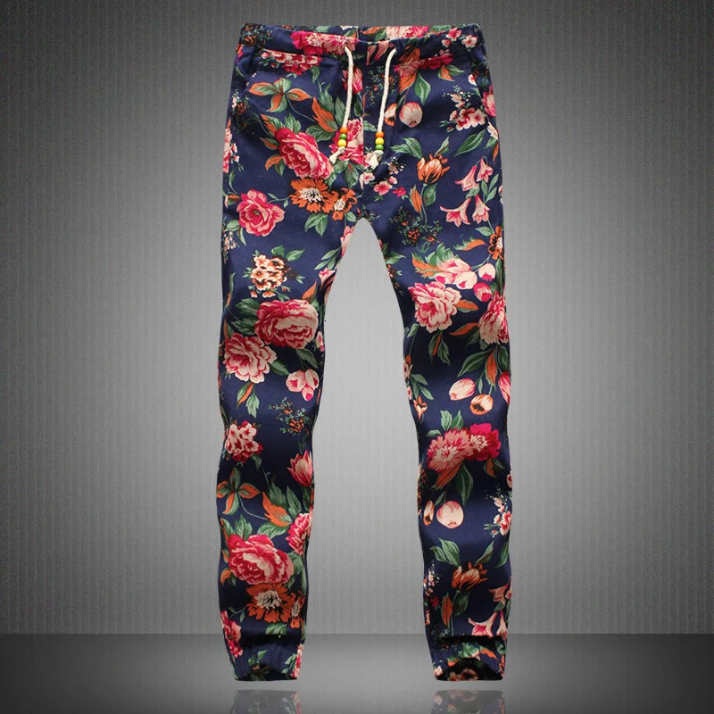 Euro Size 2024 Fashion Spring Men Floral Print Joggers Male Casual Summer Pants Mens Sweatpants Linen Trousers 240930