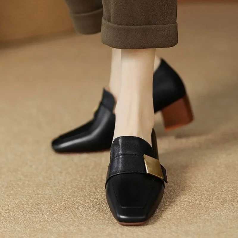 New Leather Women Fashion Pumps Square Toe Thick Heel Mary Jean Shoes Slip on Elegant Temperament Daily Shoes HandmadeLX241014