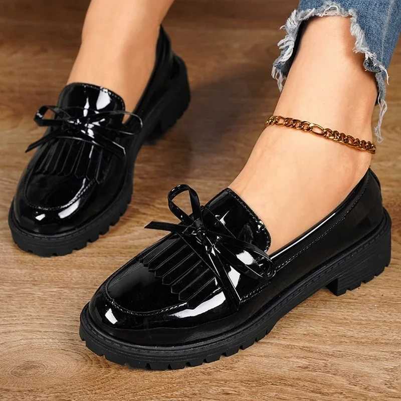 2024Womens Summer New PU Leather Classic Solid Color Square Heel Anti-Slip Loafers Elegant Bow Designer Dress Banquet High HeelsLX241014