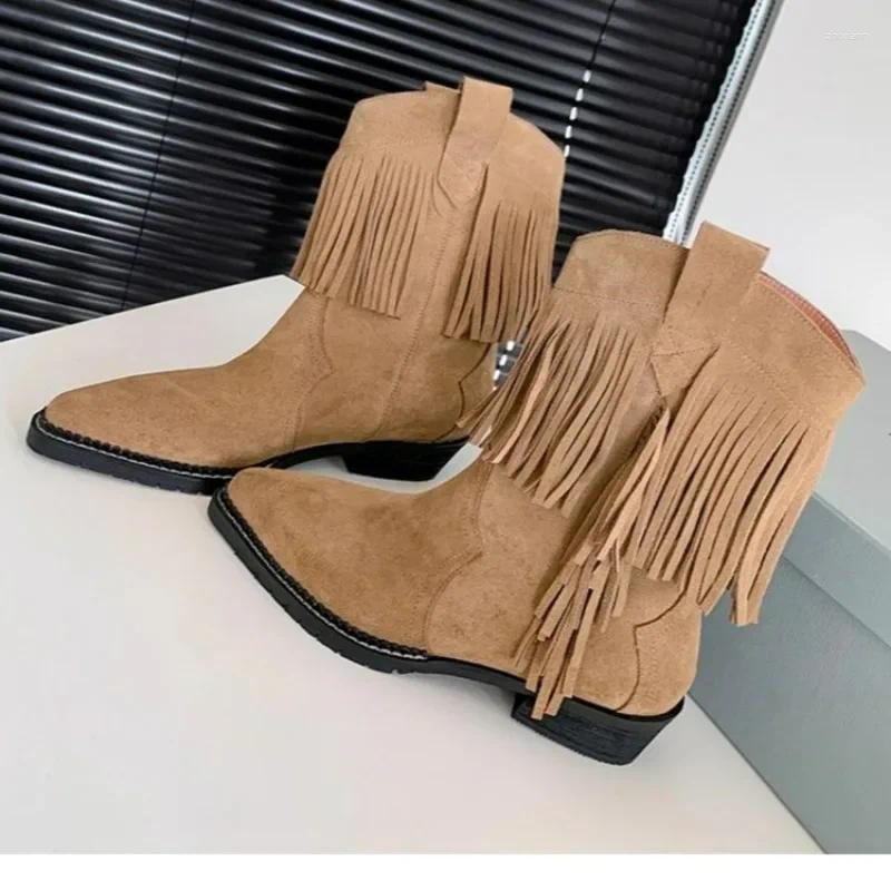 Boots 2024 Winter High Quality Women's Fashion Pointed Toe Low Heel Solid Color Sleeve Square Short
