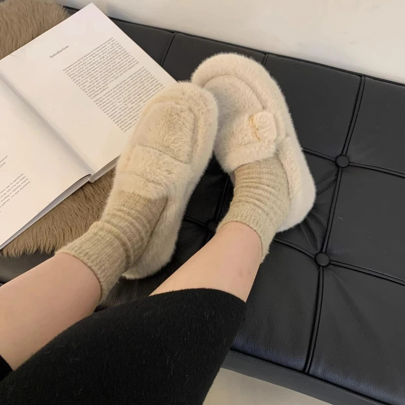 Woman Bear Fur Women Autumn Winter One-pedal Lamb Hair Flat Peas Womens Cotton Casual New Shoes To Keep Warm 241014