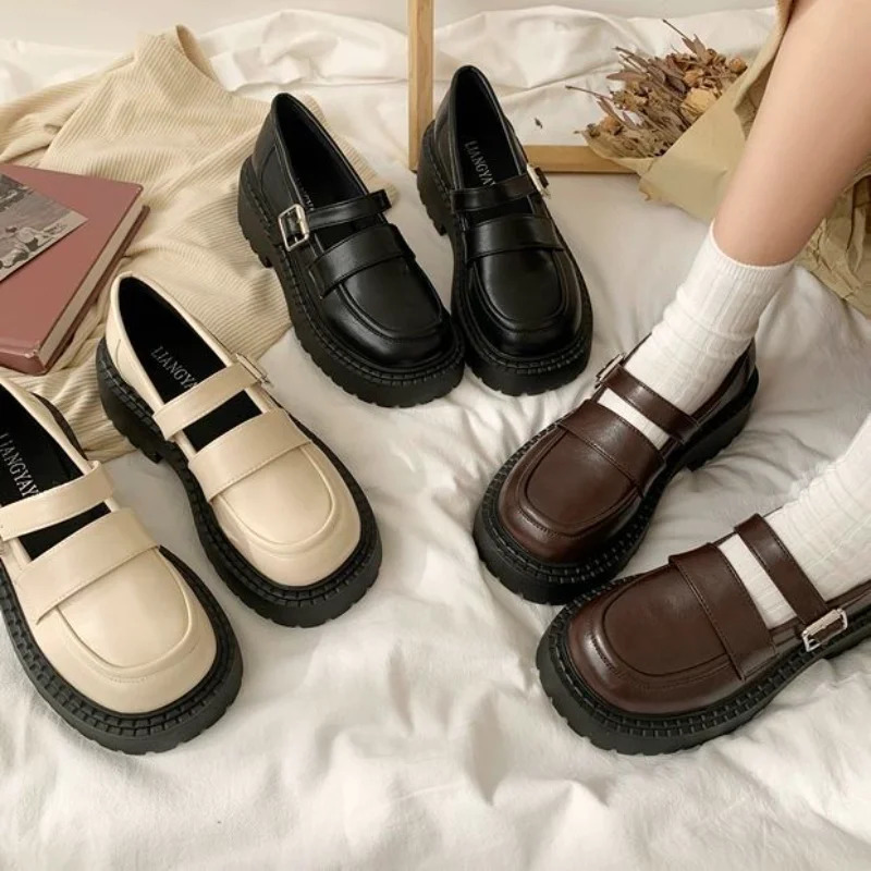 Summer Gothic Cute Woman Middle Heel Thick Bottom Japanese Lolita Black Small Leather Versatile Retro One New Button Strap Mary Jane Single Shoes